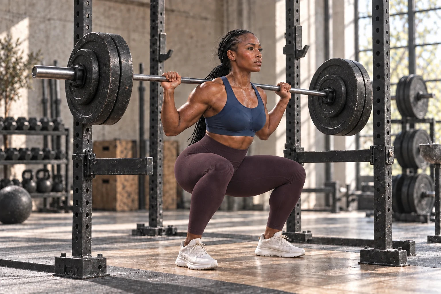 Athlete driving upward through a heavy barbell back squat in MUEE Black Label high-support leggings