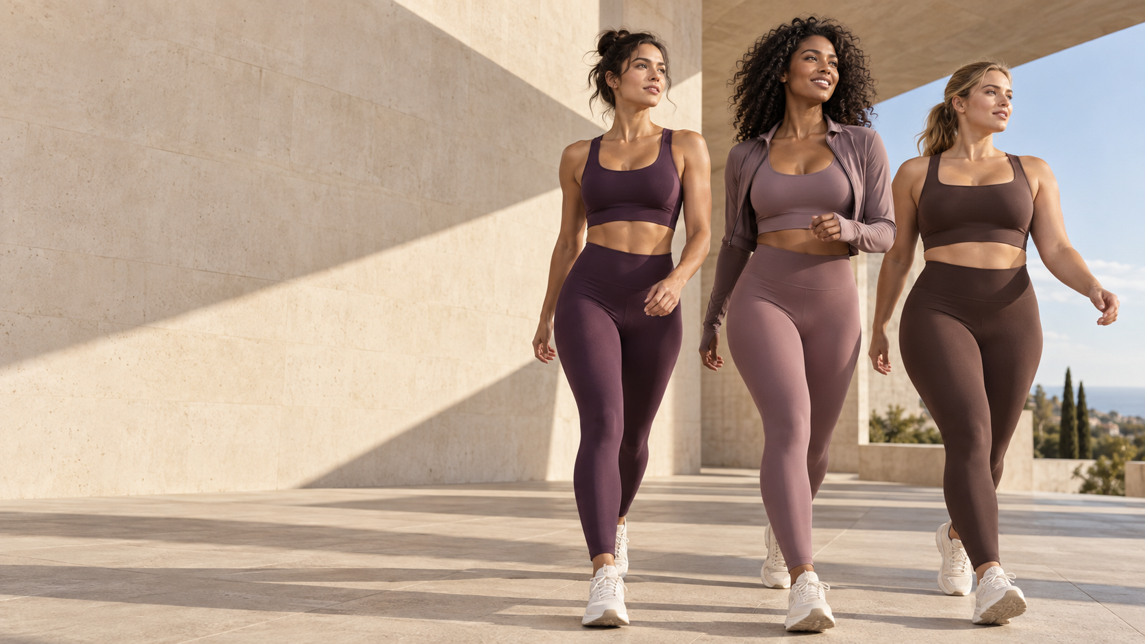 Three women in Muee seamless activewear walking through a sunlit architectural space