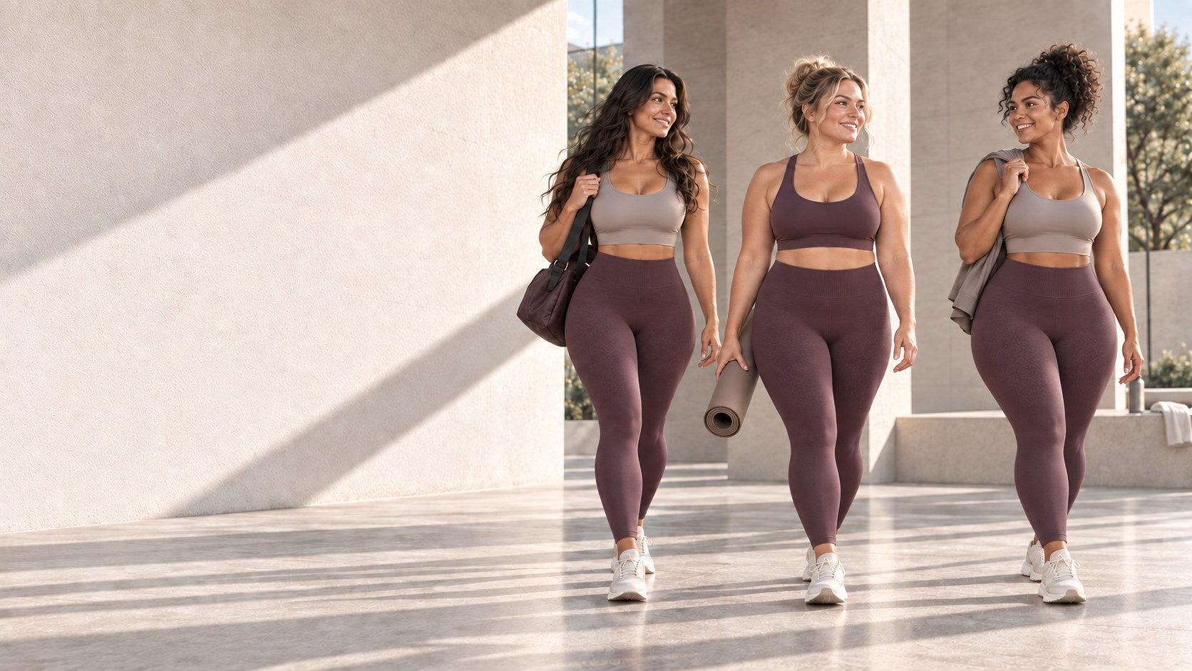 Hourglass, apple and pear body shapes wearing the same Muee Multi Fit seamless leggings