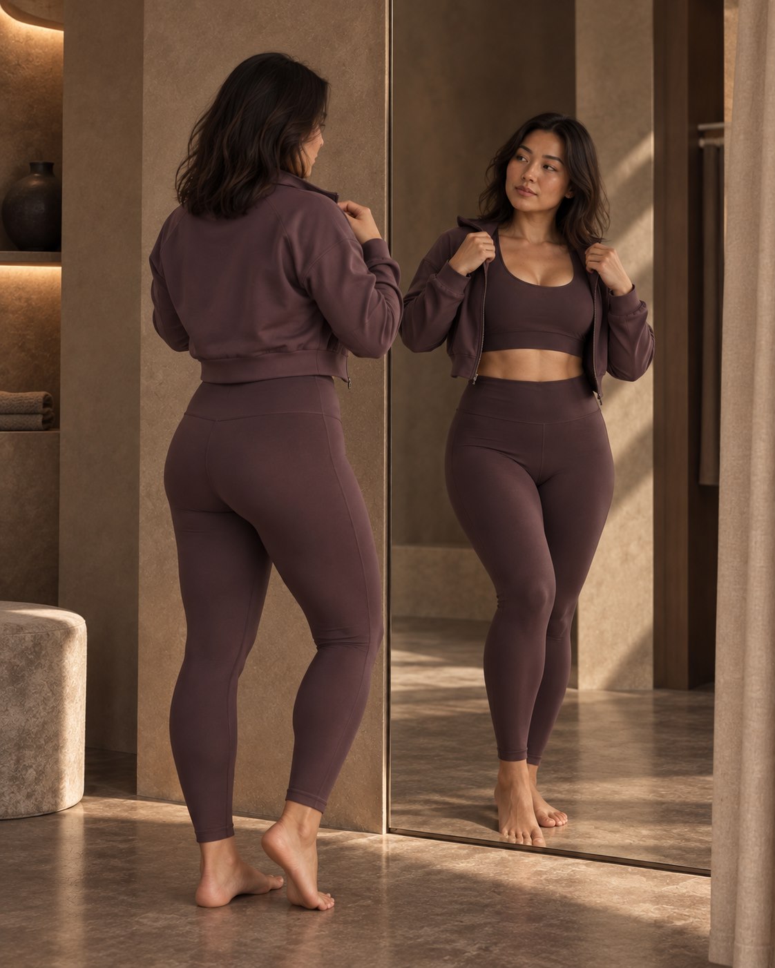 Muee activewear styled in front of a changing-room mirror
