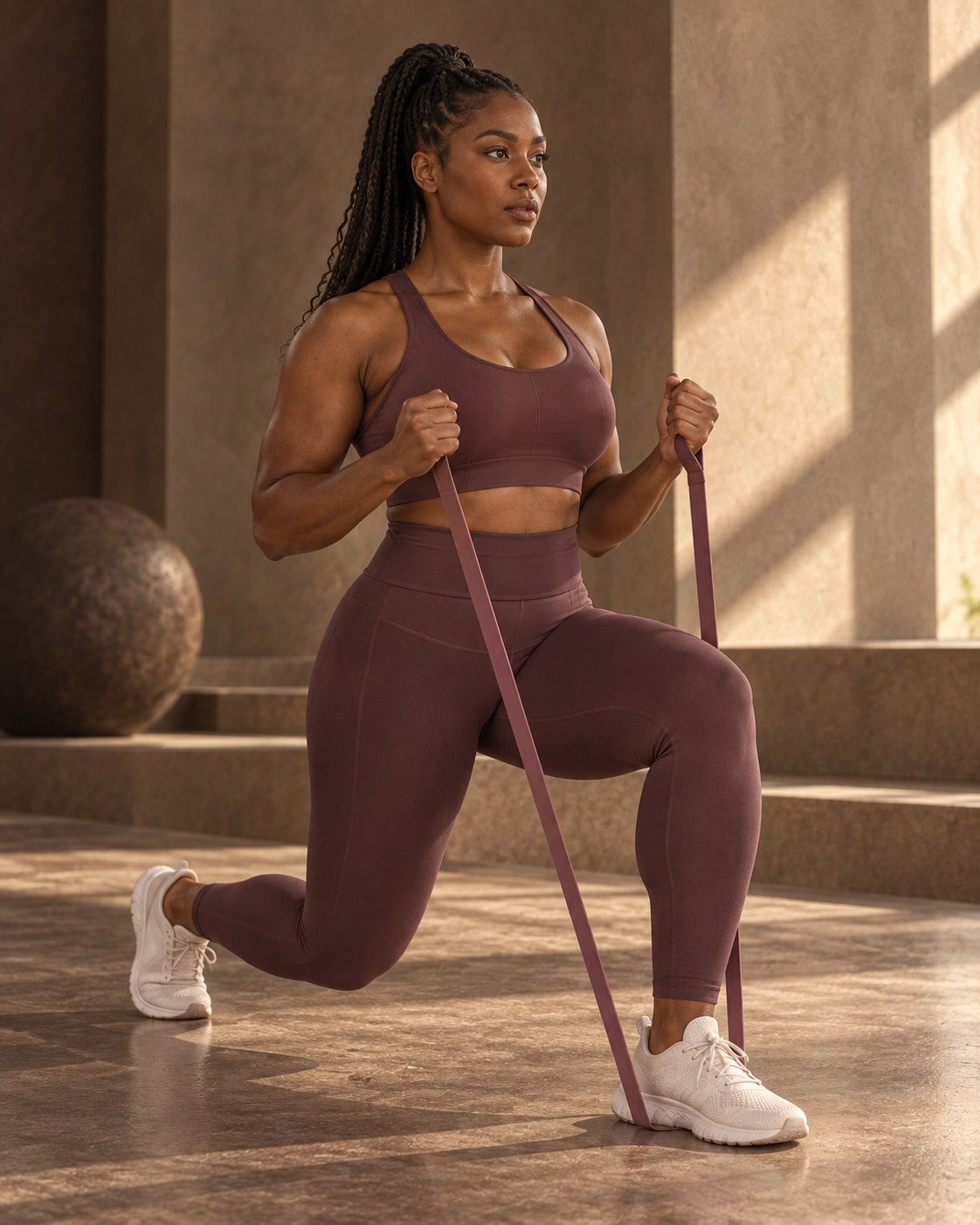 Muee activewear worn for resistance training in warm studio light